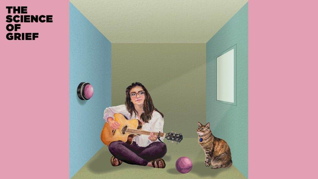 Illustration of a woman sitting on the floor playing a guitar in a small, pastel-colored room. A cat sits nearby, next to a ball. "The Science of Grief" text is in the top left corner.
