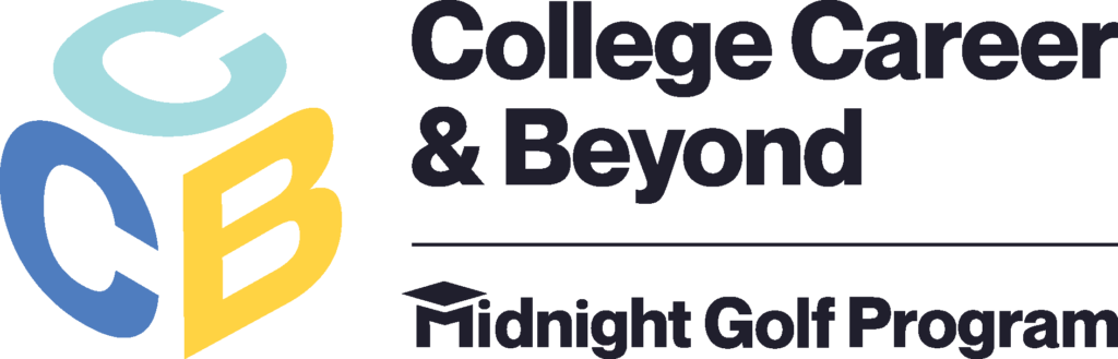 Logo for the College Career & Beyond Midnight Golf Program, featuring the initials CCB in colored blocks and the program name in bold text with a graduation cap icon.
