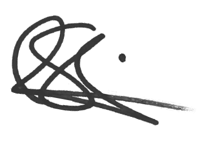 A bold, black, abstract signature with looping strokes and a single dot above a long horizontal line, drawn on a white background.