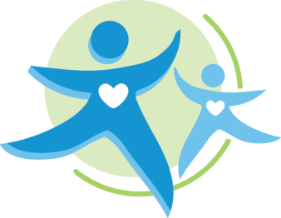 Two blue human-like figures with white heart shapes on their chests are seen in front of a light green circle. One figure is larger, and both appear to be moving energetically with outstretched arms and legs.
