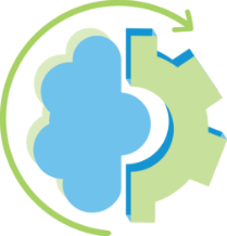 A blue cloud and a green gear partially overlap, symbolizing the integration of cloud technology and machinery, with a green arrow forming a circular motion around them.