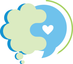 Illustration of a green thought bubble overlapping a blue speech bubble with a white heart inside; a curved green line arcs around the speech bubble.