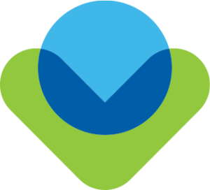 A blue circle overlaps a dark blue downward arrow, which sits on top of a green, rounded V-shaped base, creating a layered geometric design.