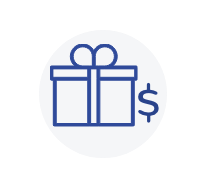 Blue outline of a gift box with a bow and a dollar sign next to it, symbolizing a monetary gift or reward, on a light gray background—perfect for promotions related to Michigan Central Station.