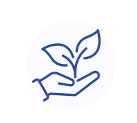 A simple blue outline of a hand holding a small plant with two leaves, symbolizing growth, care, or environmental protection—echoing the spirit of renewal seen at Michigan Central Station—on a light background.