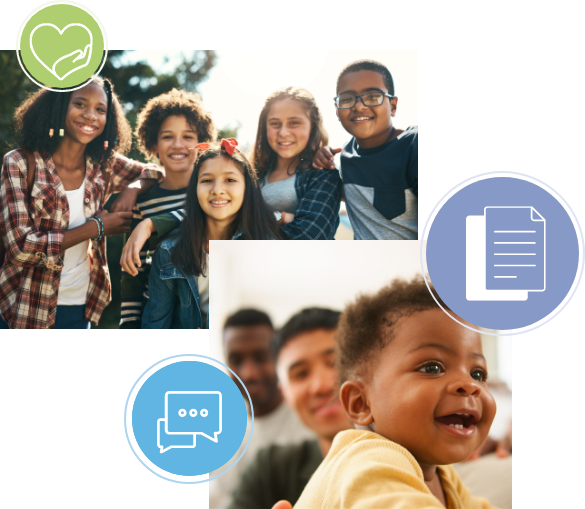 A group of five smiling children pose outdoors, while below them, a happy baby sits in front of three blurred people. Circular icons of a heart, chat bubble, and document surround the images.