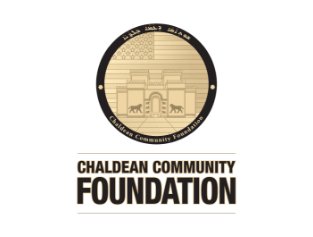 A circular gold logo with an American flag, ancient gate, two lions, and "Chaldean Community Foundation" text; below it, bold black text reads "CHALDEAN COMMUNITY FOUNDATION.