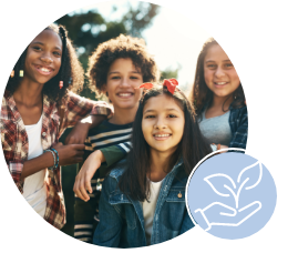 Four smiling children pose together outdoors in sunlight. In the lower right corner, there is a blue circular graphic of a hand holding a sprouting plant, symbolizing care or growth.