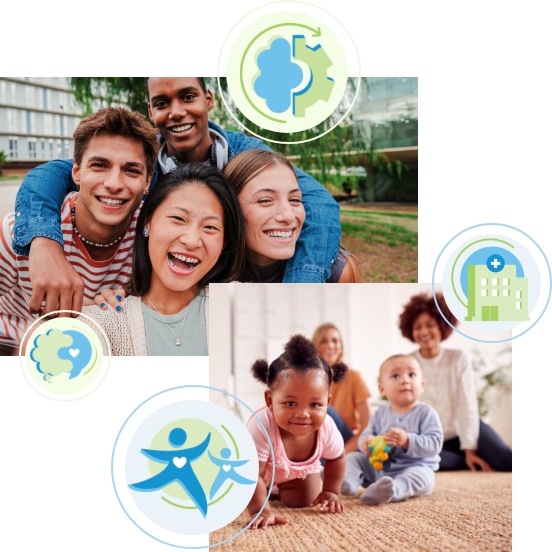 Two photos: one of four smiling young adults outdoors, and another of two babies crawling indoors with two women in the background. Medical and wellness icons decorate the collage.