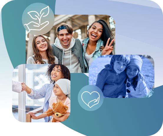 A collage of happy people includes two young women and a man smiling, a woman and child with a teddy bear shaking hands, and two children bundled up in winter clothes, with heart and plant icons overlaid.