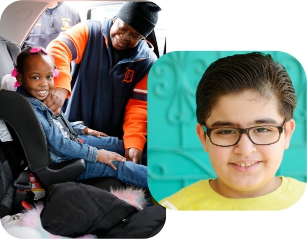 On the left, an adult helps a smiling young girl buckle into a car seat. On the right, a young boy with glasses and dark hair smiles in front of a turquoise background.