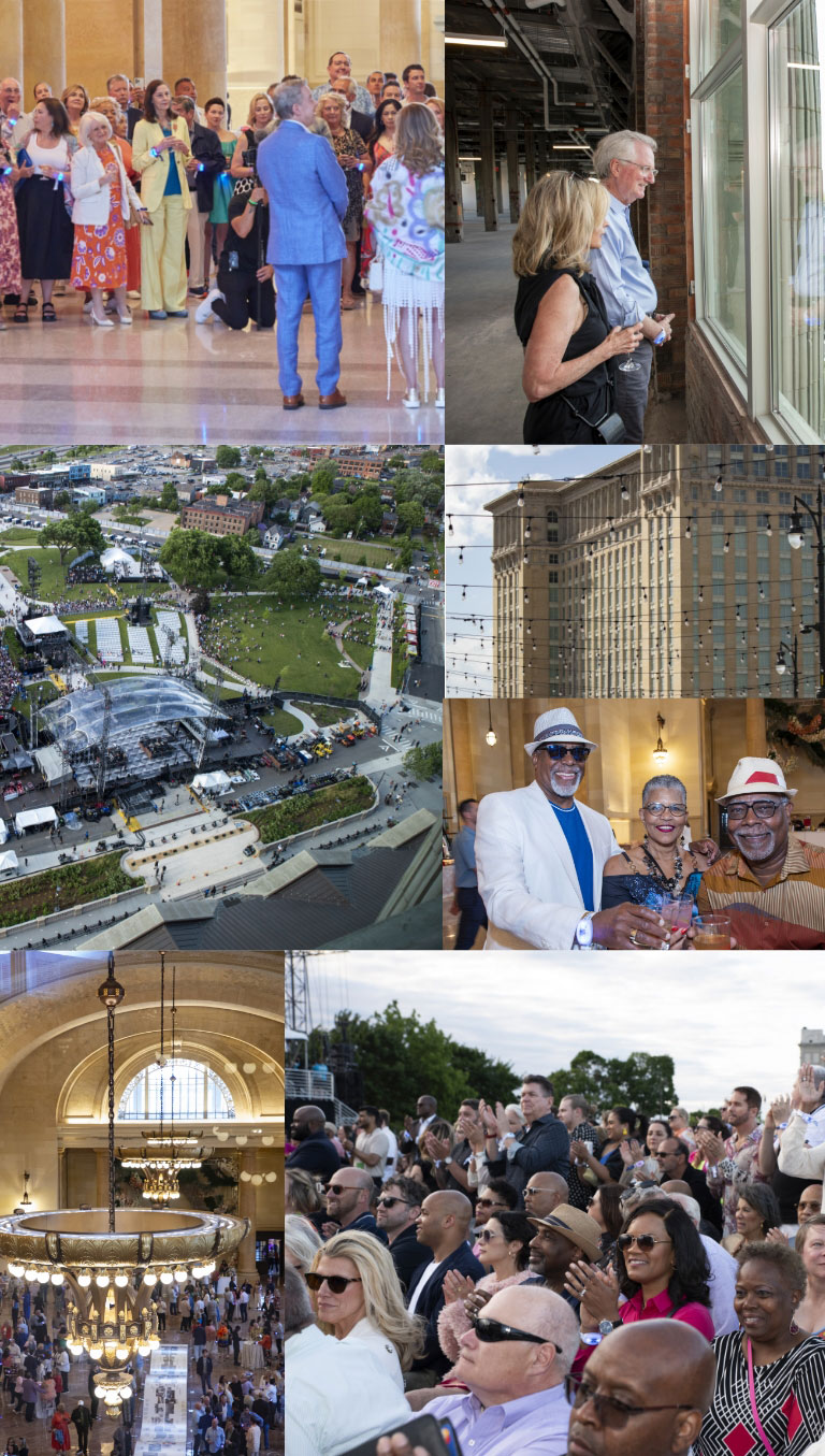 A collage of six images shows crowds at an indoor event, people mingling outdoors, a cityscape with an event setup, three people smiling in stylish outfits, an ornate indoor chandelier, and an audience watching a live performance.