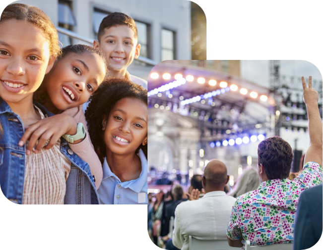 A group of smiling children pose for a photo outdoors; next to them, an audience watches a brightly lit outdoor concert, with one person raising a peace sign.