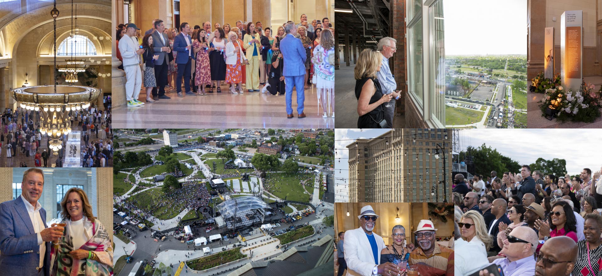 A collage of people celebrating inside a grand hall, outdoors at a large event, and on balconies with city views; includes flowers, toasts, and a daytime gathering with various groups posing and interacting.