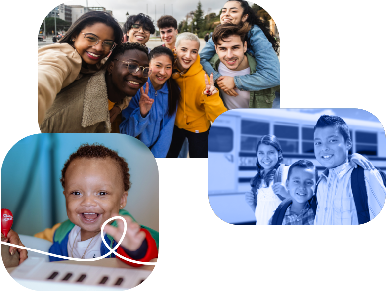 A collage with three images: a diverse group of teens taking a selfie, a smiling young child playing with a toy, and three school-aged kids standing together near a school bus.