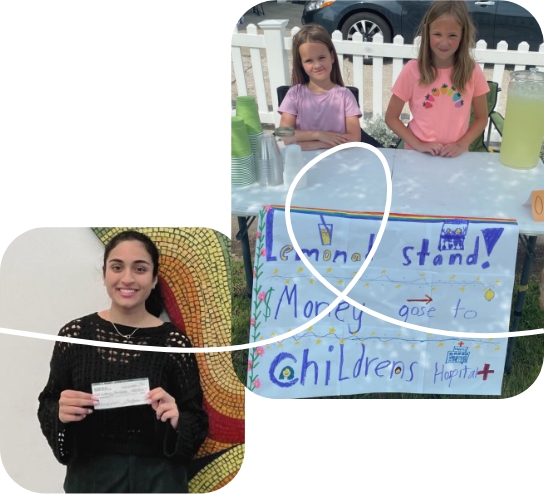 Two girls stand behind a lemonade stand with a sign reading “Money goes to Children’s Hospital.” Below, a smiling young woman holds a check in front of a colorful mosaic background.