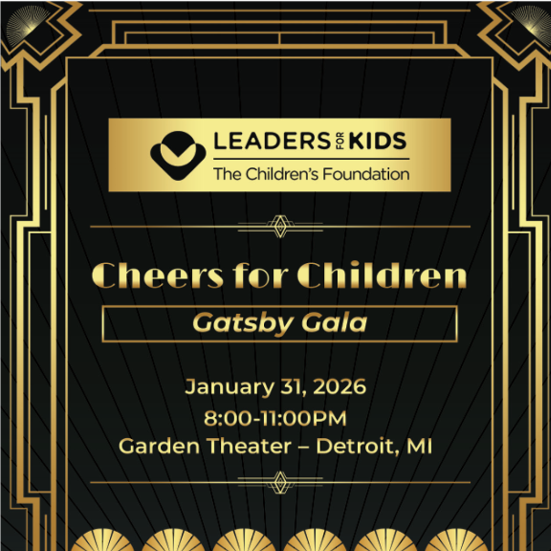 Art Deco-style invitation for the "Cheers for Children: Gatsby Gala" by Leaders for Kids, The Children's Foundation. Event is on January 31, 2026, 8–11 PM at Garden Theater, Detroit, MI. Black and gold design.