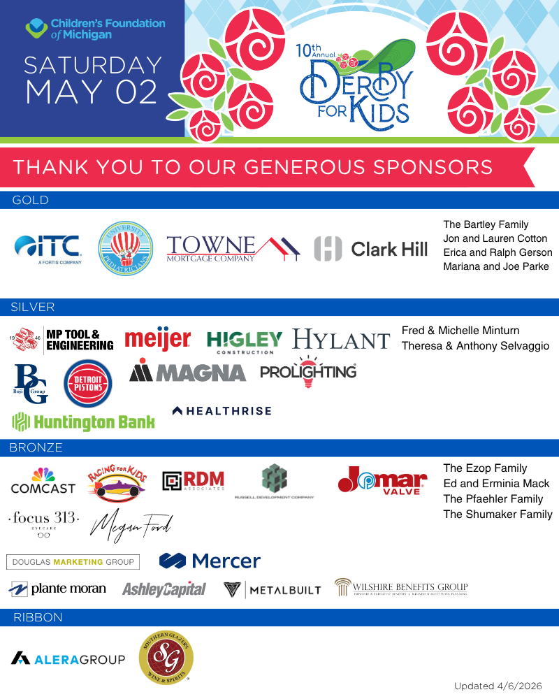 Event flyer for the 10th Derby for Kids, hosted by the Children's Foundation of Michigan on Saturday, May 2. Includes sponsor logos divided into Gold, Silver, Bronze, and Ribbon categories.