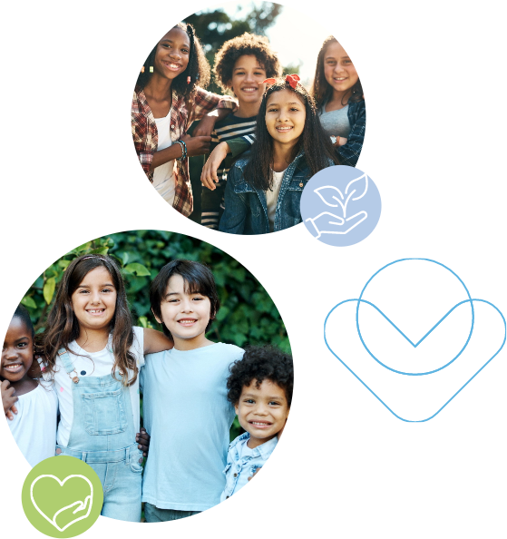 Two groups of smiling children pose outdoors, each group in a circular frame. The background is light gray with blue and green heart and hand icons decorating the image.