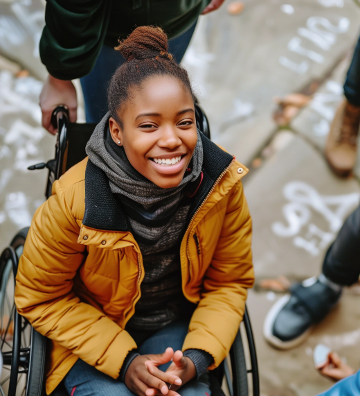 A young woman in a yellow jacket smiles while sitting in a wheelchair outdoors, surrounded by chalk drawings on the pavement. Other people are visible nearby.