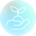 A white outline of a hand holding a sprouting plant, set against a circular blue gradient background.
