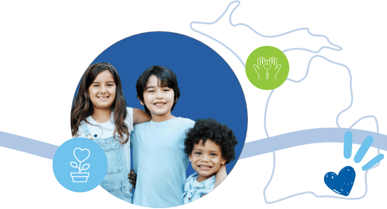 Three smiling children standing together, with blue and green icons around them, including a heart, hands, and a plant, on a white and blue abstract background.