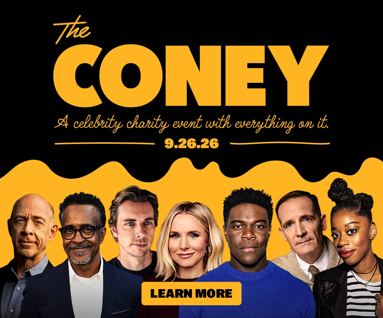 A promotional poster for "The Coney," a celebrity charity event on 9/26/26, featuring seven people standing in a row with bold yellow text above and a "Learn More" button at the bottom.