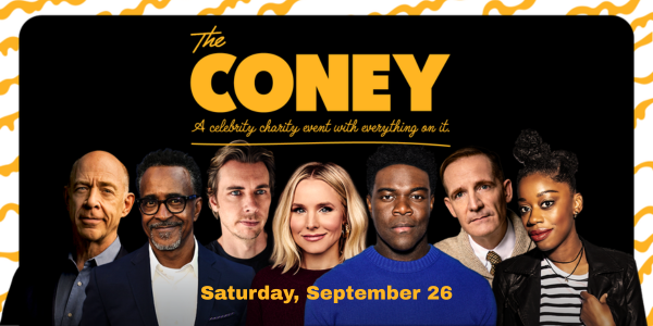 A promotional banner for "The Coney" celebrity charity event features six people standing side by side in front of a black background with yellow text, and the date "Saturday, September 26" displayed below them.